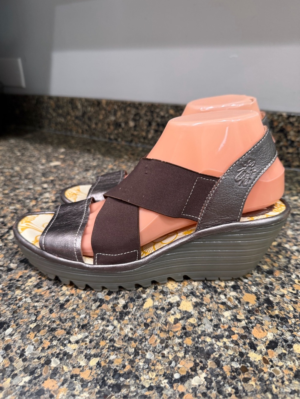 Fly London Yaji Women’s Brown Metallic Wedge Sandals with Elastic Cross Straps 3